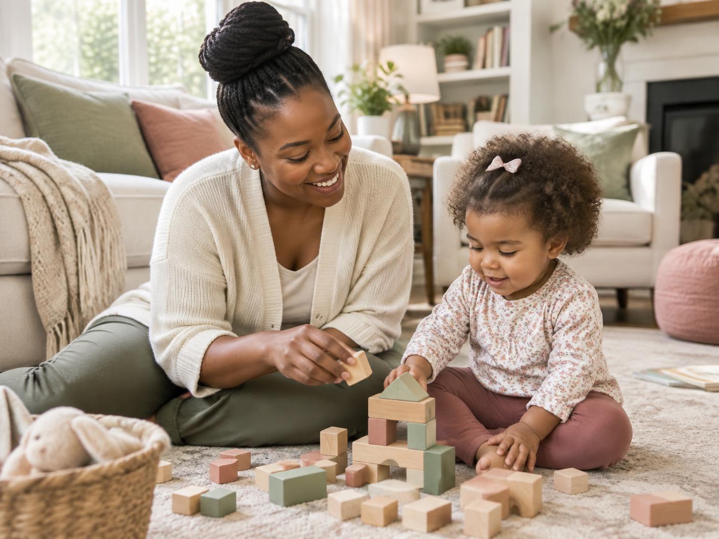A professional nanny playing with a toddler at home